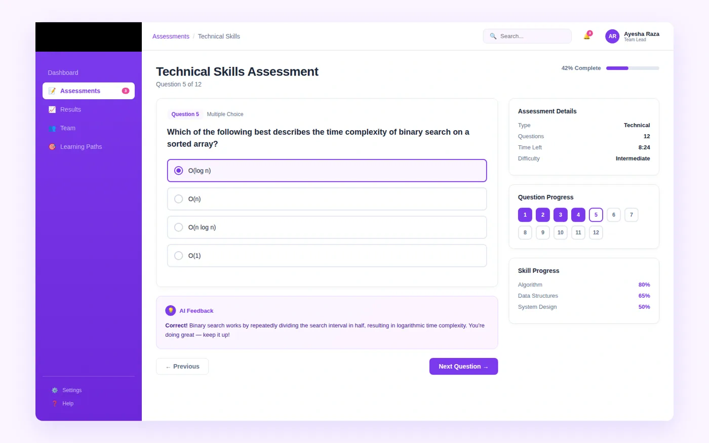 technical skills assessment interface with client-identifying details redacted