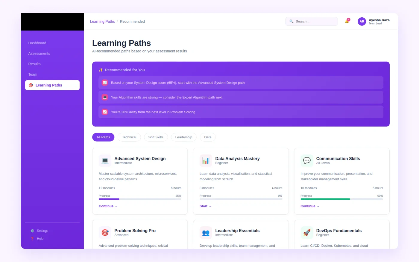 learning paths interface with client-identifying details redacted
