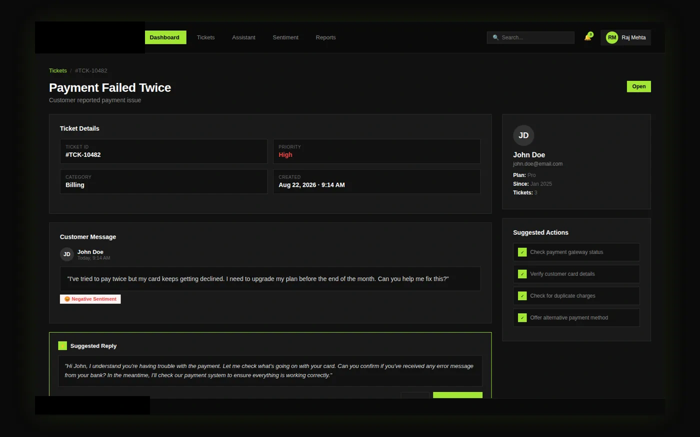 ticket detail interface with client-identifying details redacted