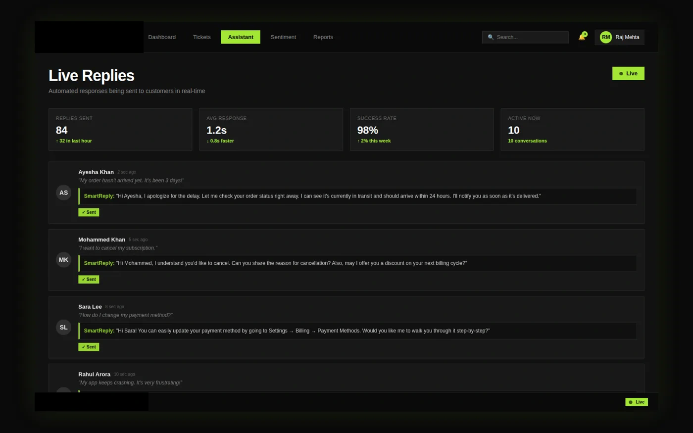 live replies interface with client-identifying details redacted