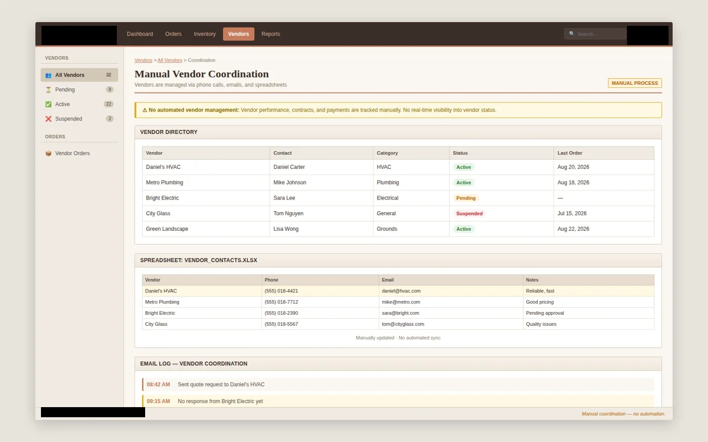 vendor coordination interface with client-identifying details redacted