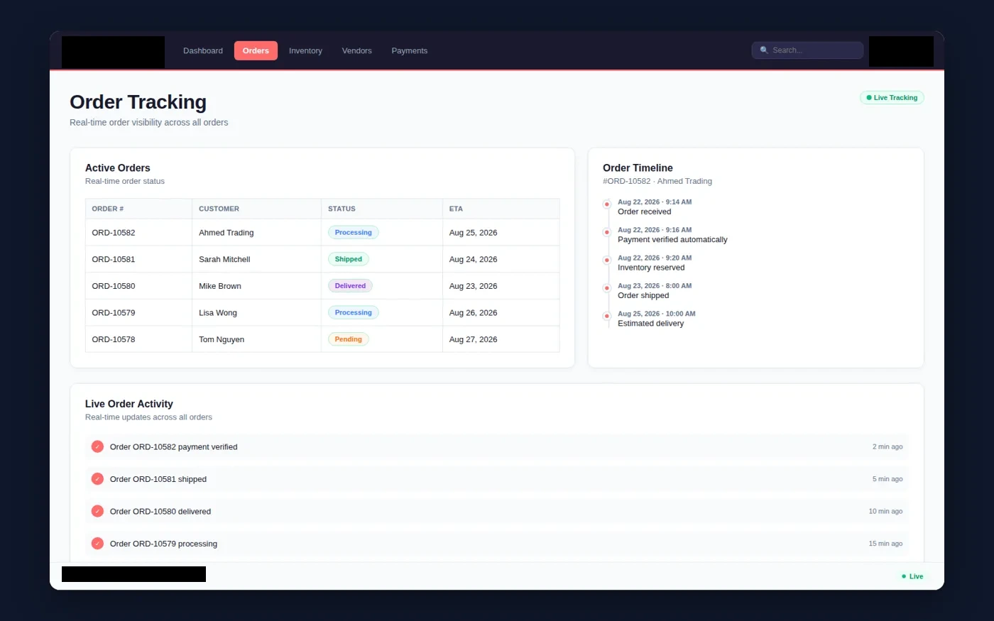 Marketplace order tracking interface with client-identifying details redacted
