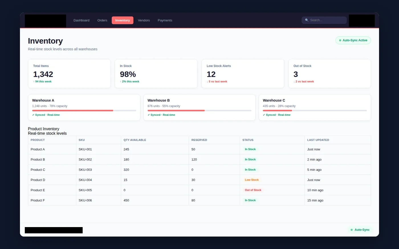 inventory interface with client-identifying details redacted