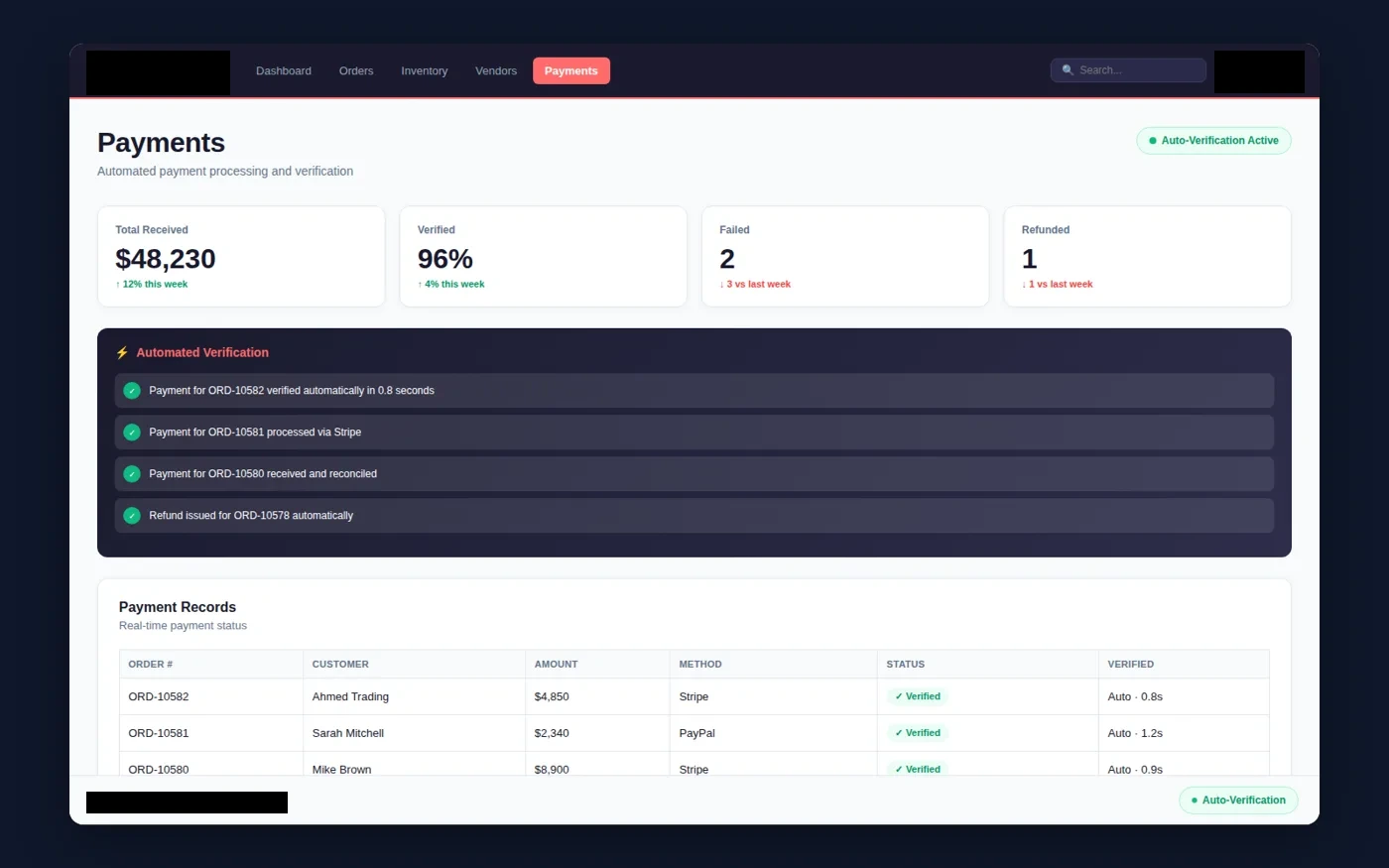 payments interface with client-identifying details redacted