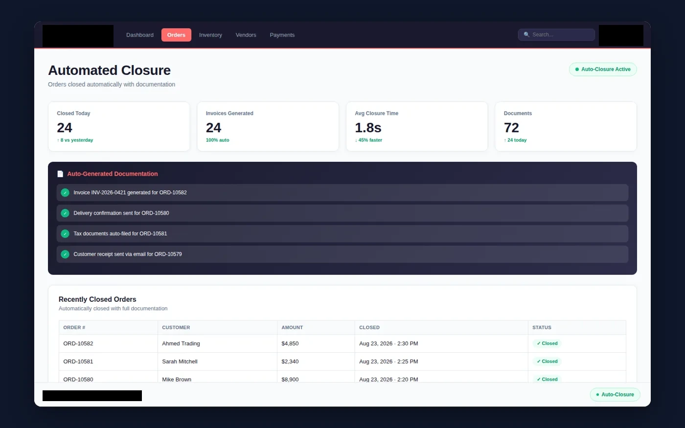 order closure interface with client-identifying details redacted