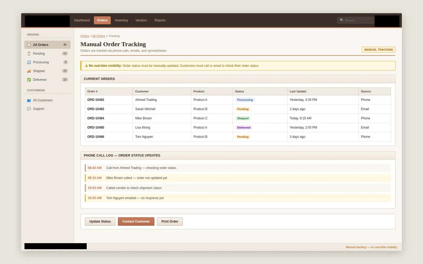 order tracking interface with client-identifying details redacted