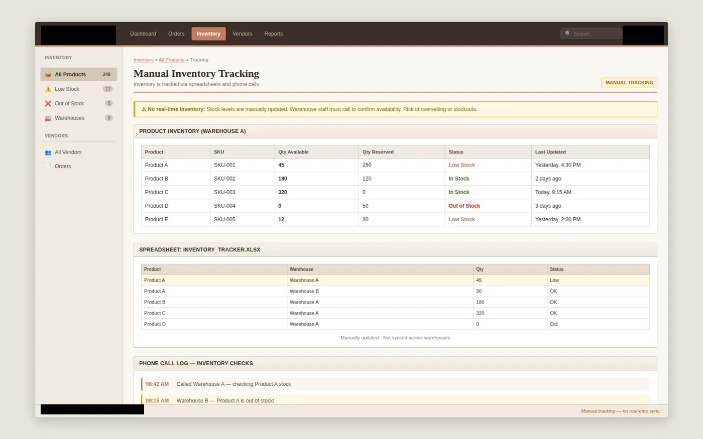 inventory tracking interface with client-identifying details redacted