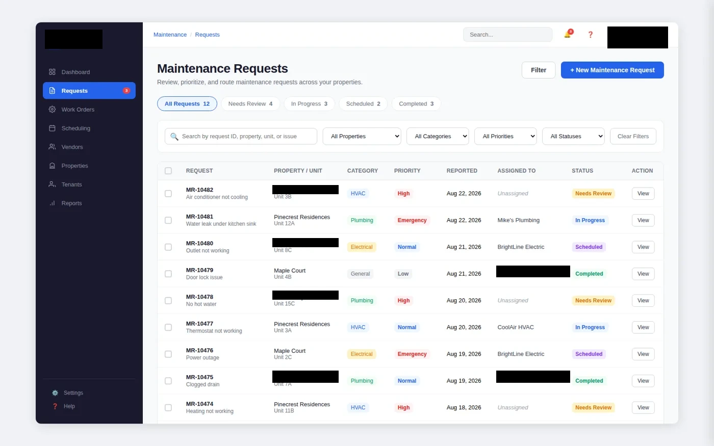 Property management maintenance workflow with client-identifying details redacted