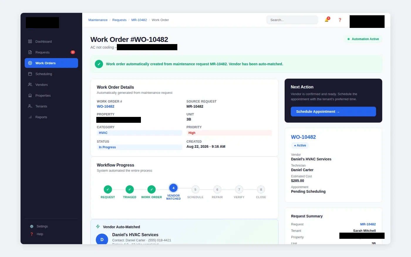 work order detail interface with client-identifying details redacted