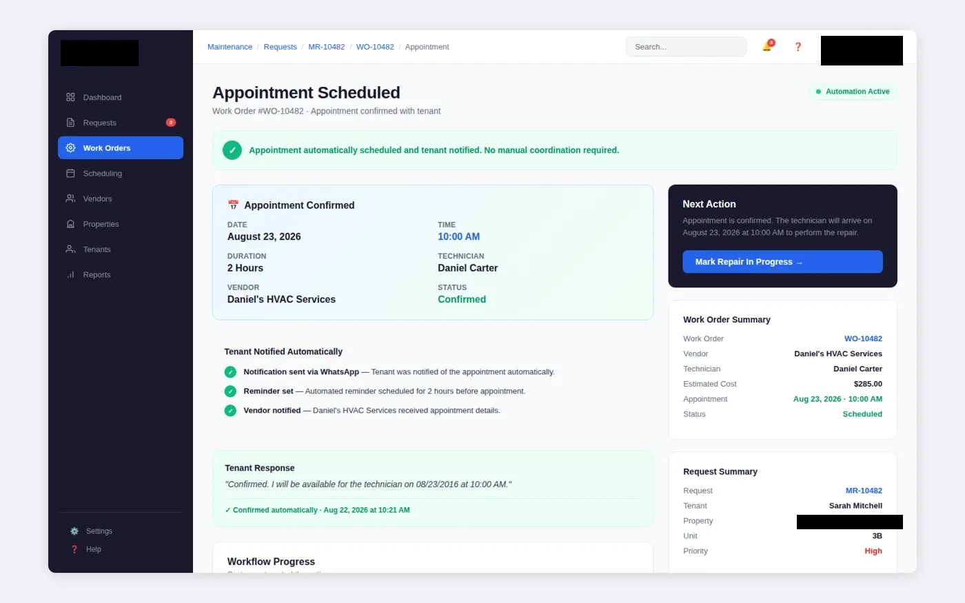 scheduled work interface with client-identifying details redacted
