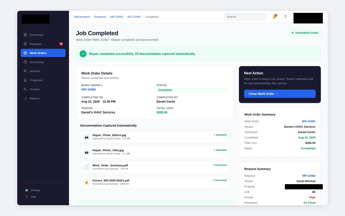 completed work interface with client-identifying details redacted