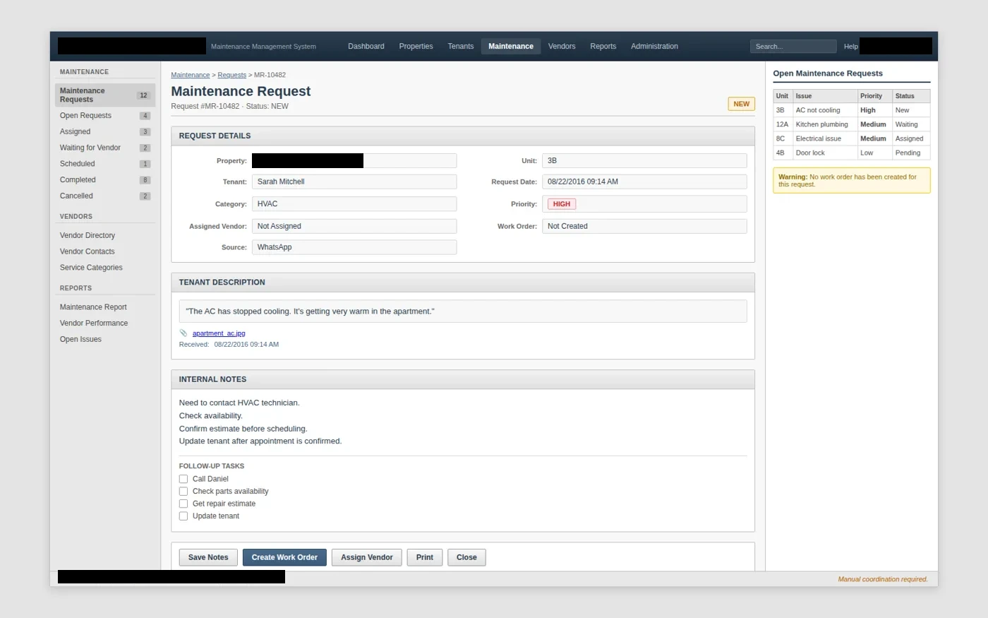 maintenance request interface with client-identifying details redacted