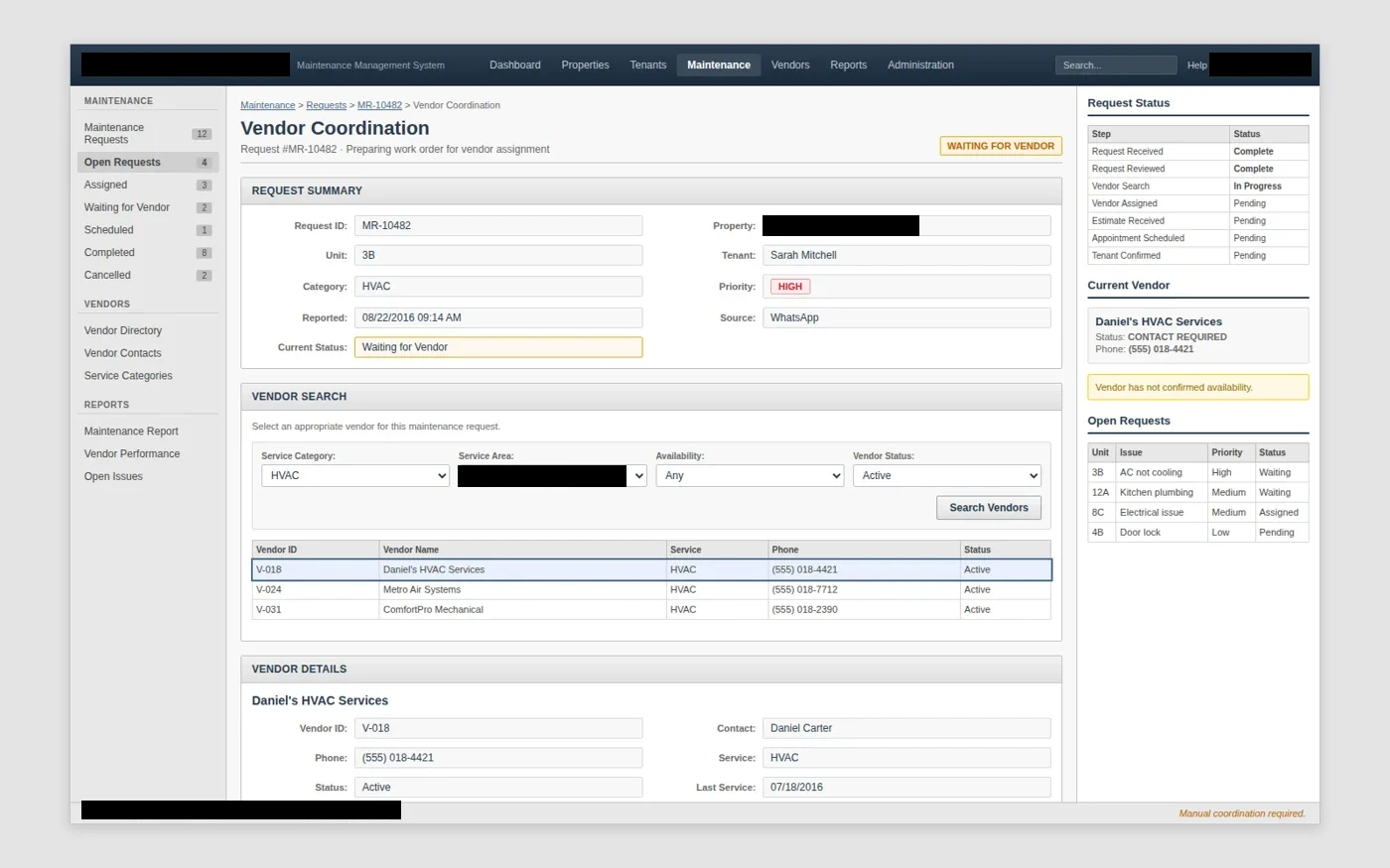 vendor coordination interface with client-identifying details redacted