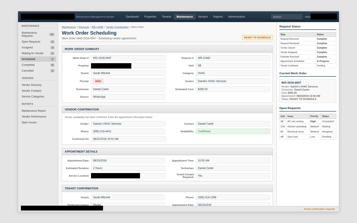 work order scheduling interface with client-identifying details redacted