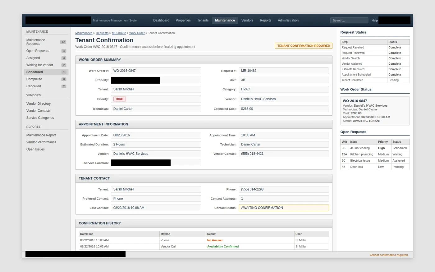 tenant confirmation interface with client-identifying details redacted