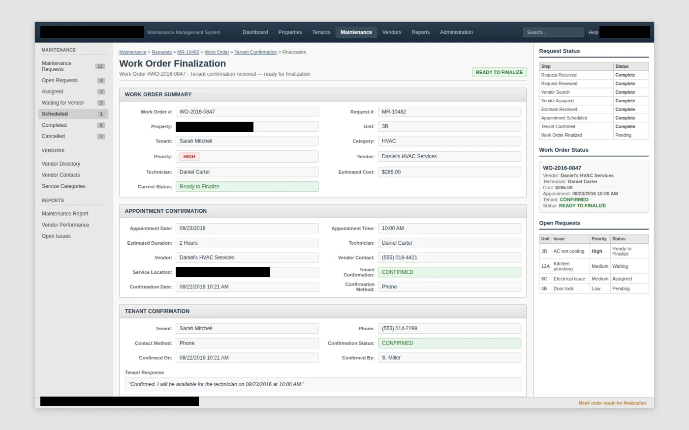 work order finalization interface with client-identifying details redacted
