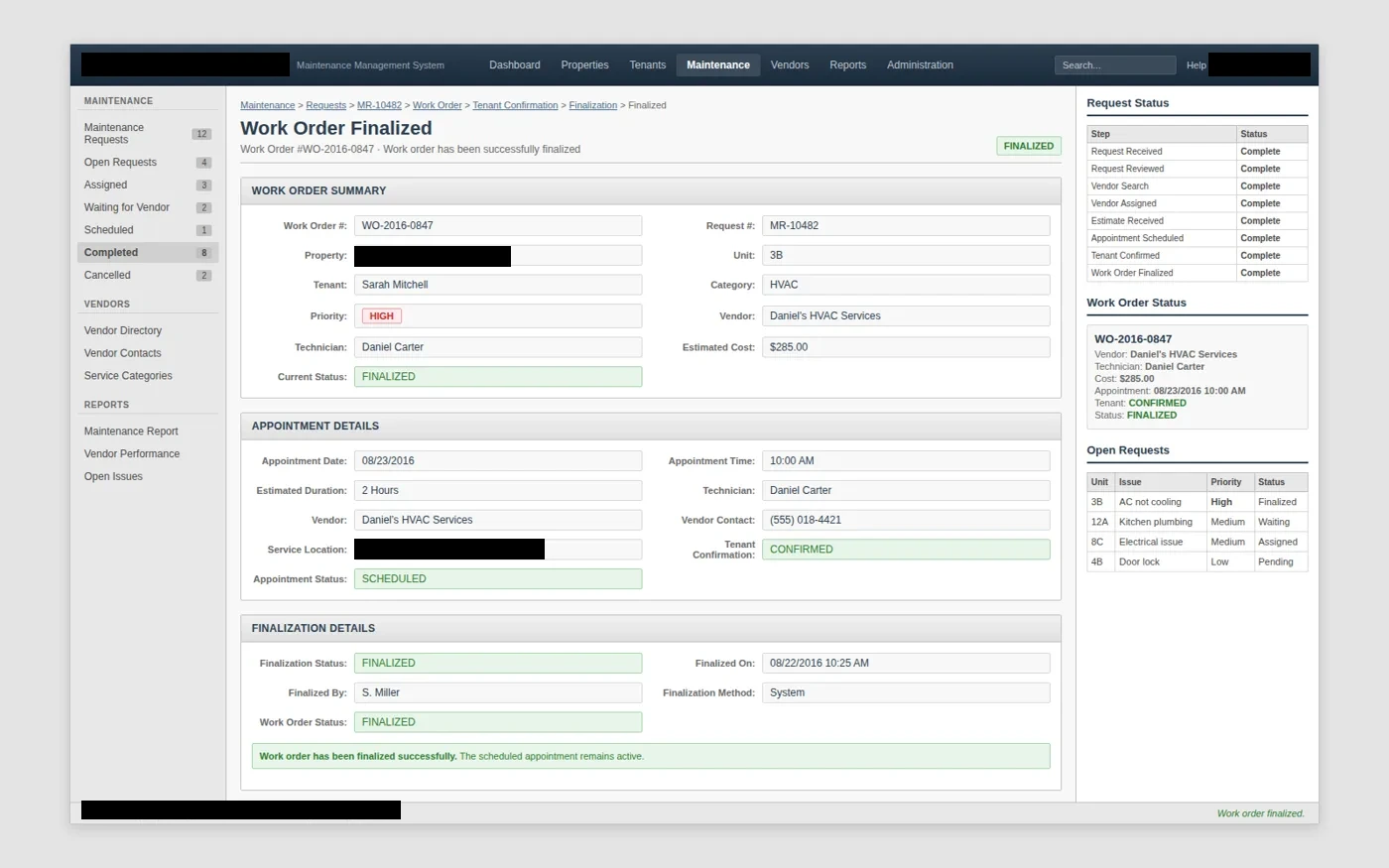 finalized work interface with client-identifying details redacted